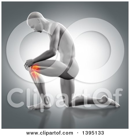 Clipart of a 3d Anatomical Man Kneeling with Glowing Knee Pain on Gray - Royalty Free Illustration by KJ Pargeter