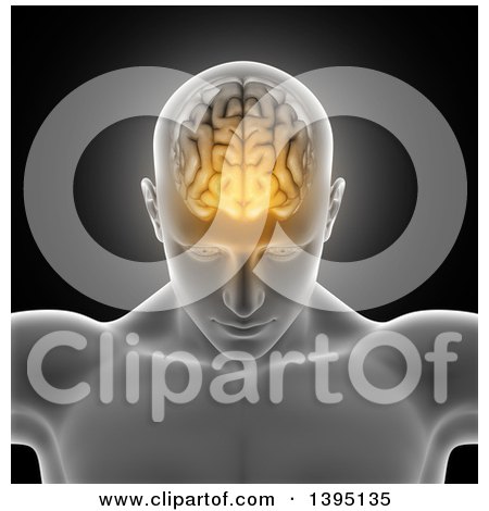 Clipart of a 3d Xrayed Anatomical Man with Visible Glowing Brain, over Gray - Royalty Free Illustration by KJ Pargeter