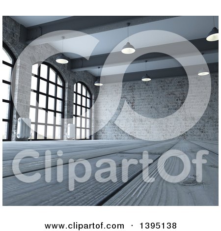 Clipart of a 3d Industrial Warehouse Loft Interior with Hanging Lights, Big Windows and Wood Floors - Royalty Free Illustration by KJ Pargeter