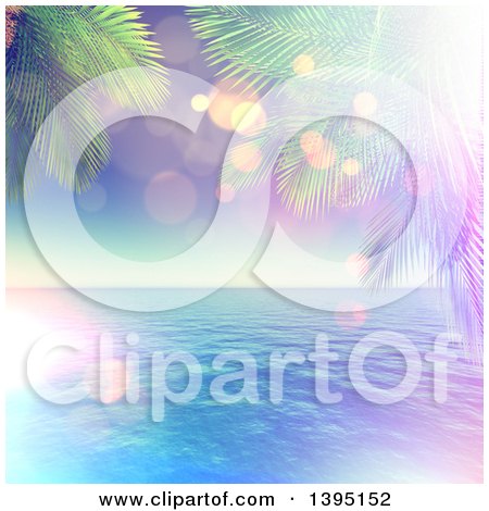 Clipart of a 3d Palm Trees Framing the Ocean, with Flares - Royalty Free Illustration by KJ Pargeter