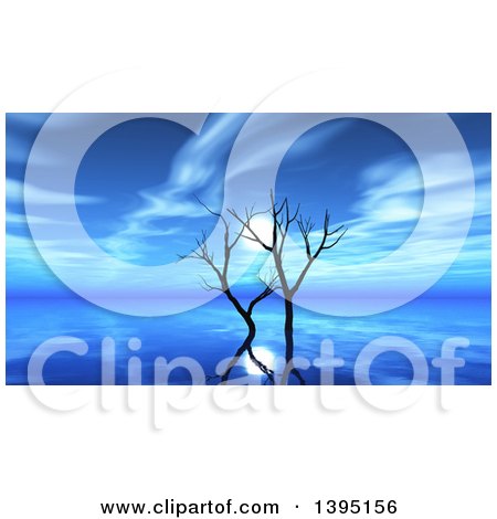 Clipart of a 3d Blue Ocean Scape with Bare Trees and the Moon - Royalty Free Illustration by KJ Pargeter