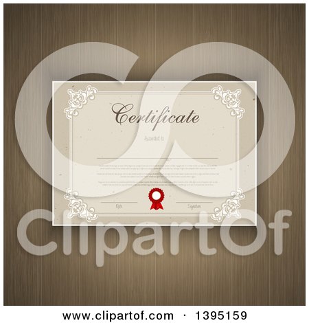 Clipart of a Certificate Template with Sample Text over Wood Grain - Royalty Free Vector Illustration by KJ Pargeter