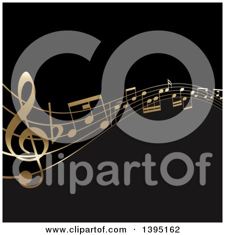 Clipart of a Background of Golden Music Note Waves on Black - Royalty Free Vector Illustration by KJ Pargeter