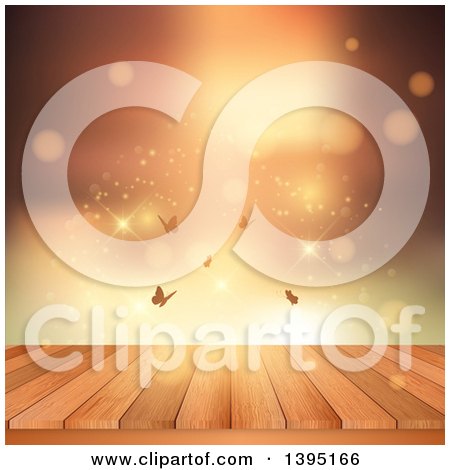 Clipart of a Wood Deck with Butterflies, Sparkles, Flares and Gold Light - Royalty Free Vector Illustration by KJ Pargeter