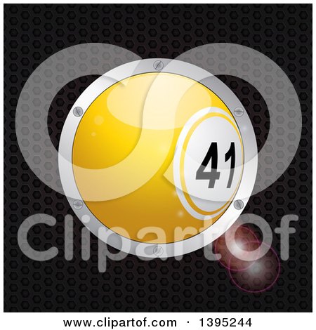 Clipart of a 3d Yellow Bingo Ball in a Silver Frame over Metal - Royalty Free Vector Illustration by elaineitalia