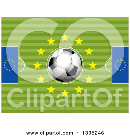 Clipart of a Soccer Pitch with a 3d Ball and Stars in the Center and European Flags on the Sides - Royalty Free Vector Illustration by elaineitalia
