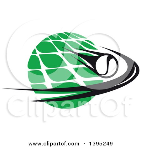 Clipart of a Black and White Flying Tennis Ball over a White Net and a Green Circle - Royalty Free Vector Illustration by Vector Tradition SM
