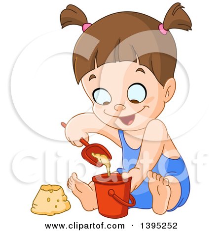 Clipart of a Cartoon Happy Brunette Caucasian Girl Playing with Sand on a Beach - Royalty Free Vector Illustration by yayayoyo