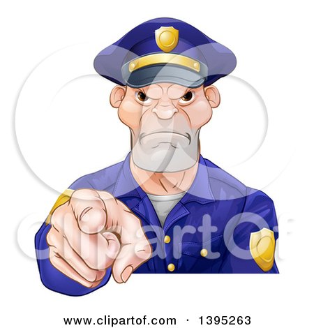 Clipart of a Tough and Angry White Male Police Officer Pointing Outwards - Royalty Free Vector Illustration by AtStockIllustration