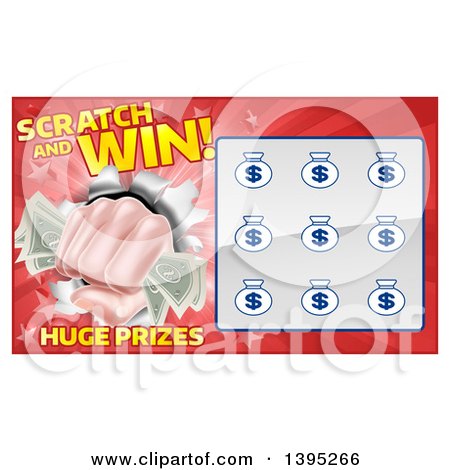 Clipart of a Scratch and Win Lottery Ticket Design with a Fisted Hand Holding Cash Money - Royalty Free Vector Illustration by AtStockIllustration