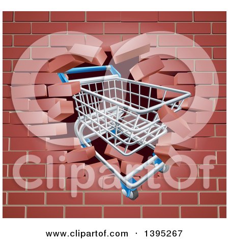Clipart of a Shopping Cart Crashing Through a 3d Brick Wall - Royalty Free Vector Illustration by AtStockIllustration
