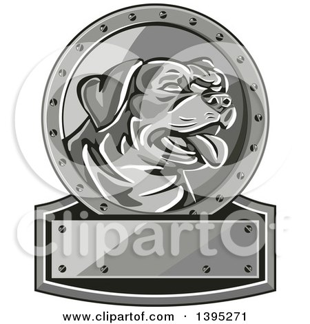 Clipart of a Retro Panting Rottweiler Head in a Circle over a Plaque - Royalty Free Vector Illustration by patrimonio