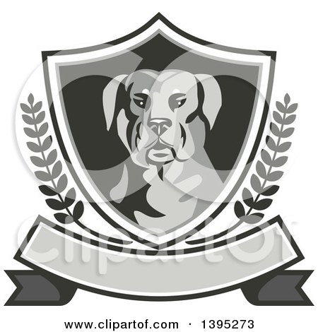 Clipart of a Retro Rottweiler Head in a Shield with Laurel Branches over a Blank Banner - Royalty Free Vector Illustration by patrimonio