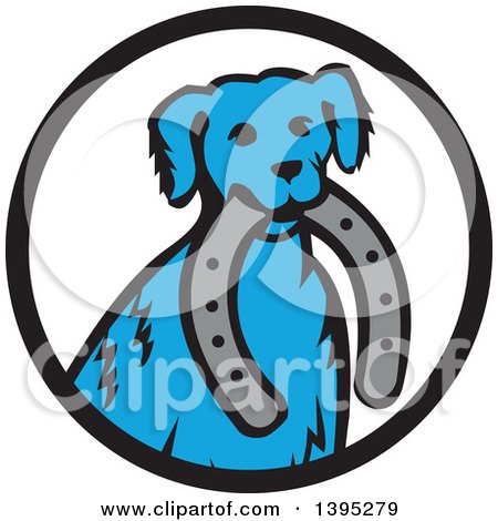 Clipart of a Retro Blue Dog Sitting with a Horseshoe in His Mouth Inside a Black and White Circle - Royalty Free Vector Illustration by patrimonio