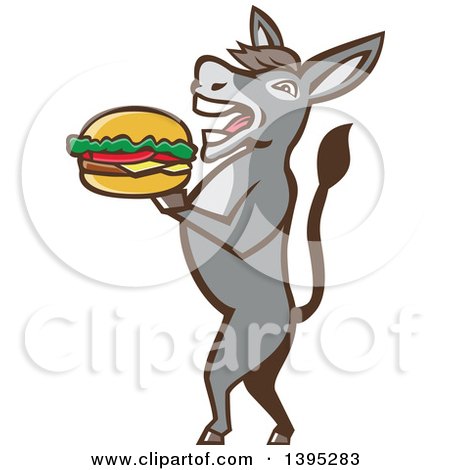 Clipart of a Retro Donkey Standing Upright and About to Take a Bite out of a Cheeseburger - Royalty Free Vector Illustration by patrimonio