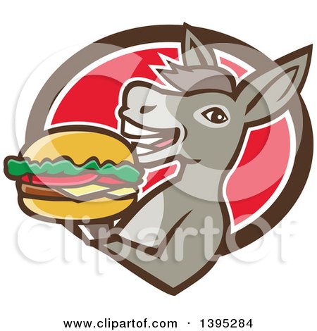 Clipart of a Retro Donkey Holding a Cheeseburger and Emerging from a Brown White and Red Oval - Royalty Free Vector Illustration by patrimonio