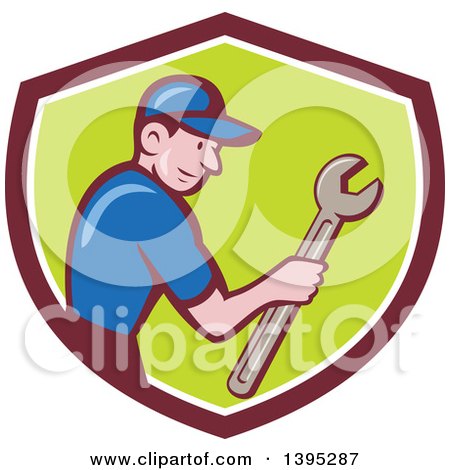 Clipart of a Retro Cartoon White Handy Man Holding a Spanner Wrench in a Shield - Royalty Free Vector Illustration by patrimonio
