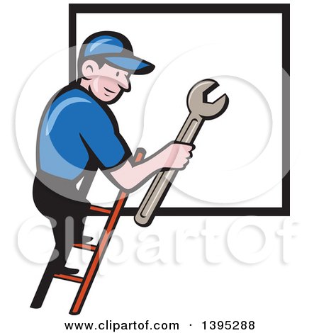Clipart of a Retro Cartoon White Handy Man Holding a Spanner Wrench and Climbing a Ladder to a Window or Sign - Royalty Free Vector Illustration by patrimonio