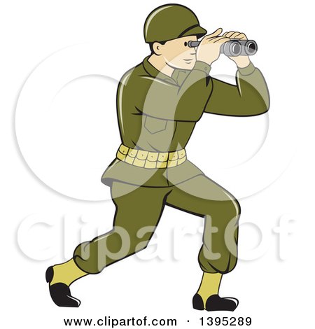 Clipart of a Retro Cartoon World War One American Soldier Looking Through the Binoculars - Royalty Free Vector Illustration by patrimonio