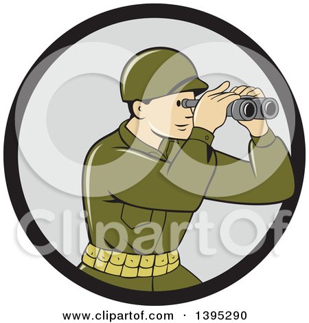 Clipart of a Retro Cartoon World War One American Soldier Looking Through the Binoculars in a Black and Gray Circle - Royalty Free Vector Illustration by patrimonio