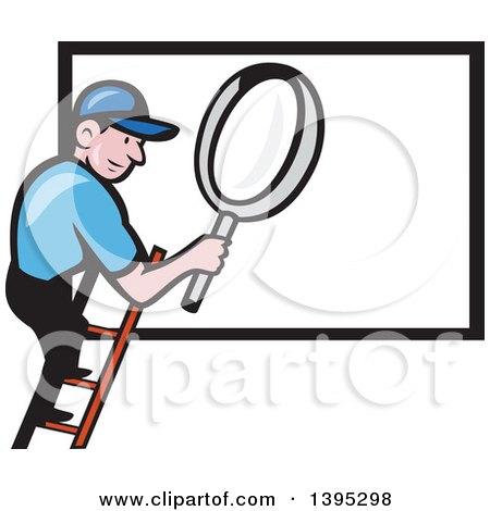 Clipart of a Retro Cartoon Caucasian Handy Man on a Ladder, Holding a Magnifying Glass over a Billboard Sign - Royalty Free Vector Illustration by patrimonio