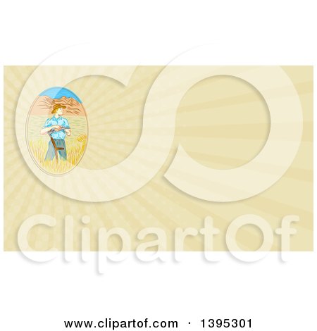 Clipart of a Sketched White Male Wheat Farmer Leaning on a Scythe in a Field and Rays Background or Business Card Design - Royalty Free Illustration by patrimonio