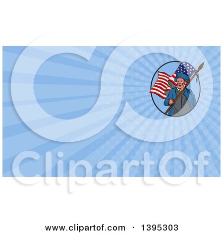Clipart of a Sketched American Patriot Carrying a Flag Inside an Oval and Blue Rays Background or Business Card Design - Royalty Free Illustration by patrimonio