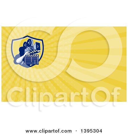Clipart of a Retro Male Cameraman Filming and Holding a Clapper and Yellow Rays Background or Business Card Design - Royalty Free Illustration by patrimonio
