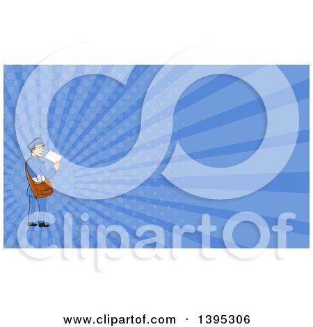 Clipart of a Retro Cartoon Happy Mail Man Holding an Envelope and Looking Back and Blue Rays Background or Business Card Design - Royalty Free Illustration by patrimonio