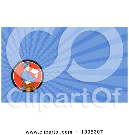Clipart of a Retro Cartoon Happy Mail Man Holding an Envelope and Looking Back and Blue Rays Background or Business Card Design - Royalty Free Illustration by patrimonio