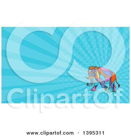 Clipart of a Colorful Mosaic Walking Elephant and Blue Rays Background or Business Card Design - Royalty Free Illustration by patrimonio