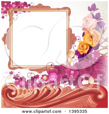 Clipart of a Floral Background with Purple Clover, a Blank Frame and Roses - Royalty Free Vector Illustration by merlinul