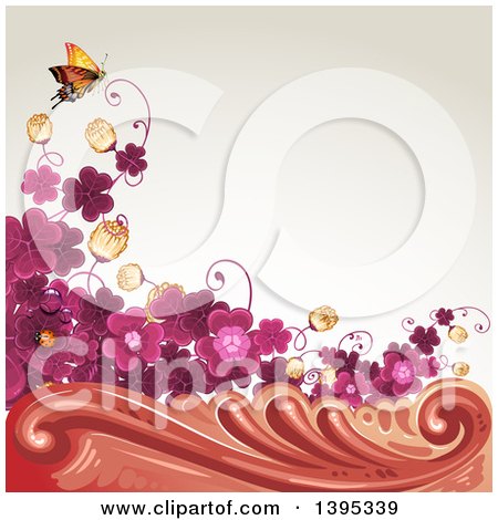 Clipart of a Floral Background with Purple Clover and a Butterfly - Royalty Free Vector Illustration by merlinul