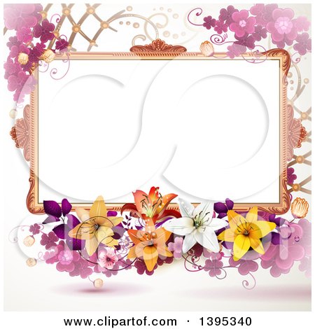 Clipart of a Floral Background with Purple Clover, a Blank Frame and Lilies - Royalty Free Vector Illustration by merlinul