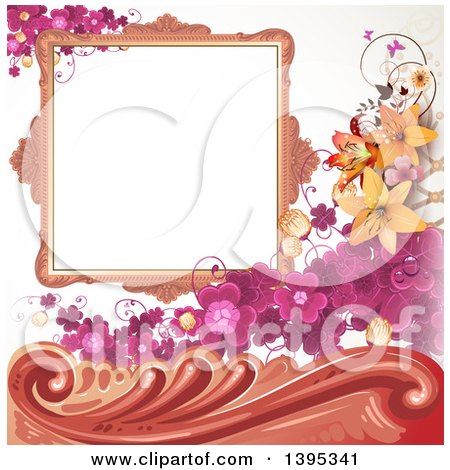 Clipart of a Floral Background with Purple Clover, a Blank Frame and Lilies - Royalty Free Vector Illustration by merlinul
