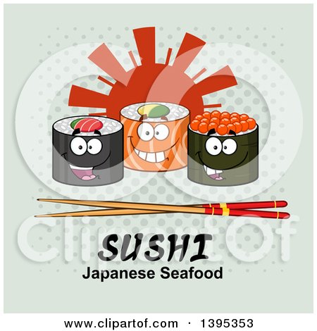 Clipart of Cartoon Happy Sushi Roll Characters with Chopsticks, over Text and a Sun on Halftone - Royalty Free Vector Illustration by Hit Toon