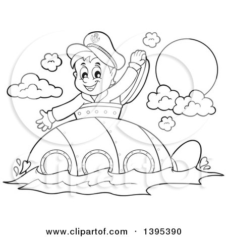 Clipart of a Black and White Lineart Sailor Boy Looking out of a Submarine Hatch - Royalty Free Vector Illustration by visekart