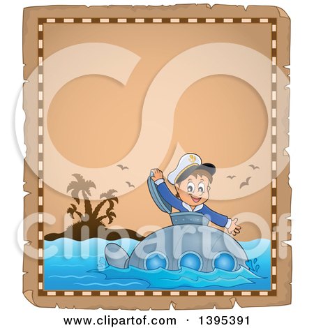 Clipart of a Worn Aged Parchment Paper Page with a Brunette Caucasian Sailor Boy Looking out of a Submarine Hatch, near an Island - Royalty Free Vector Illustration by visekart