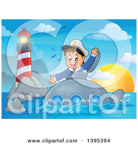 Clipart of a Happy Brunette Caucasian Sailor Boy Looking out of a Submarine Hatch, near a Lighthouse - Royalty Free Vector Illustration by visekart