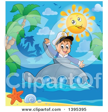 Clipart of a Happy Brunette Caucasian Sailor Boy Looking out of a Submarine Hatch, near a Tropical Island - Royalty Free Vector Illustration by visekart