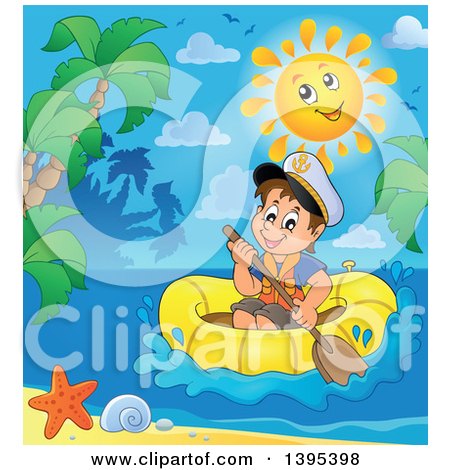 Clipart of a Happy Sun over a Brunette Caucasian Sailor Boy in a Raft or Emergency Boat near an Island - Royalty Free Vector Illustration by visekart