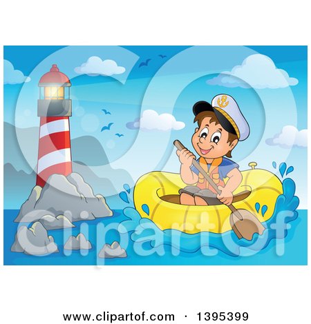 Clipart of a Happy Brunette Caucasian Sailor Boy in a Raft or Emergency Boat near a Lighthouse - Royalty Free Vector Illustration by visekart