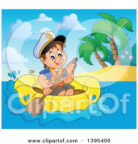 Clipart of a Happy Brunette Caucasian Sailor Boy in a Raft or Emergency Boat near an Island - Royalty Free Vector Illustration by visekart