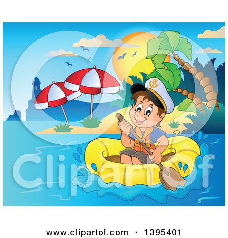 Clipart of a Happy Brunette Caucasian Sailor Boy in a Raft or Emergency Boat near an Island with a Lighthouse - Royalty Free Vector Illustration by visekart