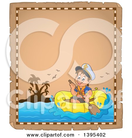 Clipart of a Distressed Aged Parchement Page with a Happy Brunette Caucasian Sailor Boy in a Raft or Emergency Boat - Royalty Free Vector Illustration by visekart