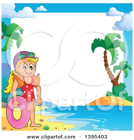 Clipart of a Border Frame of a Happy Caucasian Girl Holding an Inner Tube and Wearing Arm Floaties - Royalty Free Vector Illustration by visekart