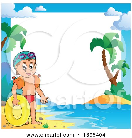 Clipart of a Border Frame of a Caucasian Boy Holding an Inner Tube and Wearing Arm Floaties - Royalty Free Vector Illustration by visekart