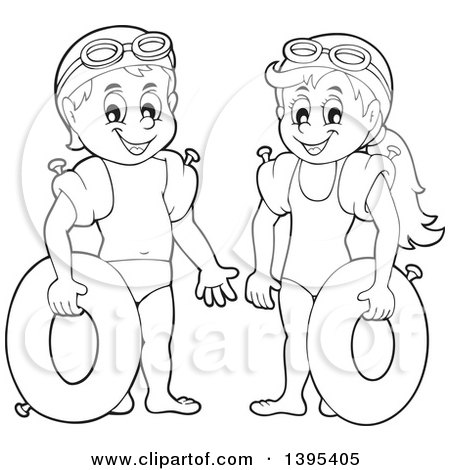 Clipart of Cartoon Black and White Boy and Girl Holding Inner Tubes and Wearing Arm Floaties - Royalty Free Vector Illustration by visekart