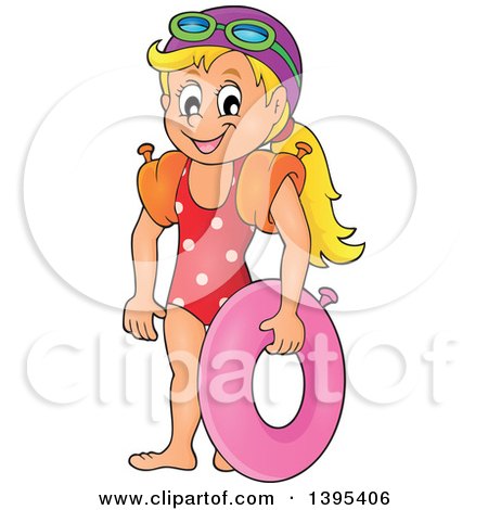Clipart of a Cartoon Happy Caucasian Girl Holding an Inner Tube and Wearing Arm Floaties - Royalty Free Vector Illustration by visekart