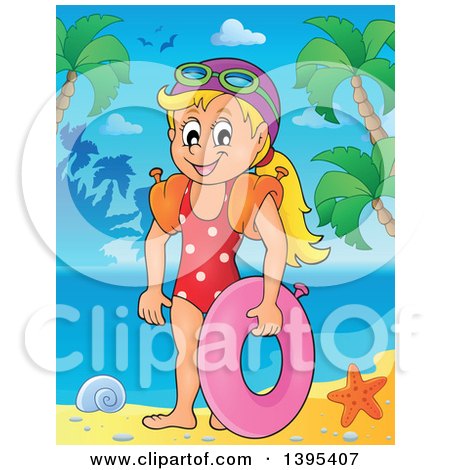 Clipart of a Cartoon Happy Caucasian Girl Holding an Inner Tube and Wearing Arm Floaties on a Tropical Beach - Royalty Free Vector Illustration by visekart